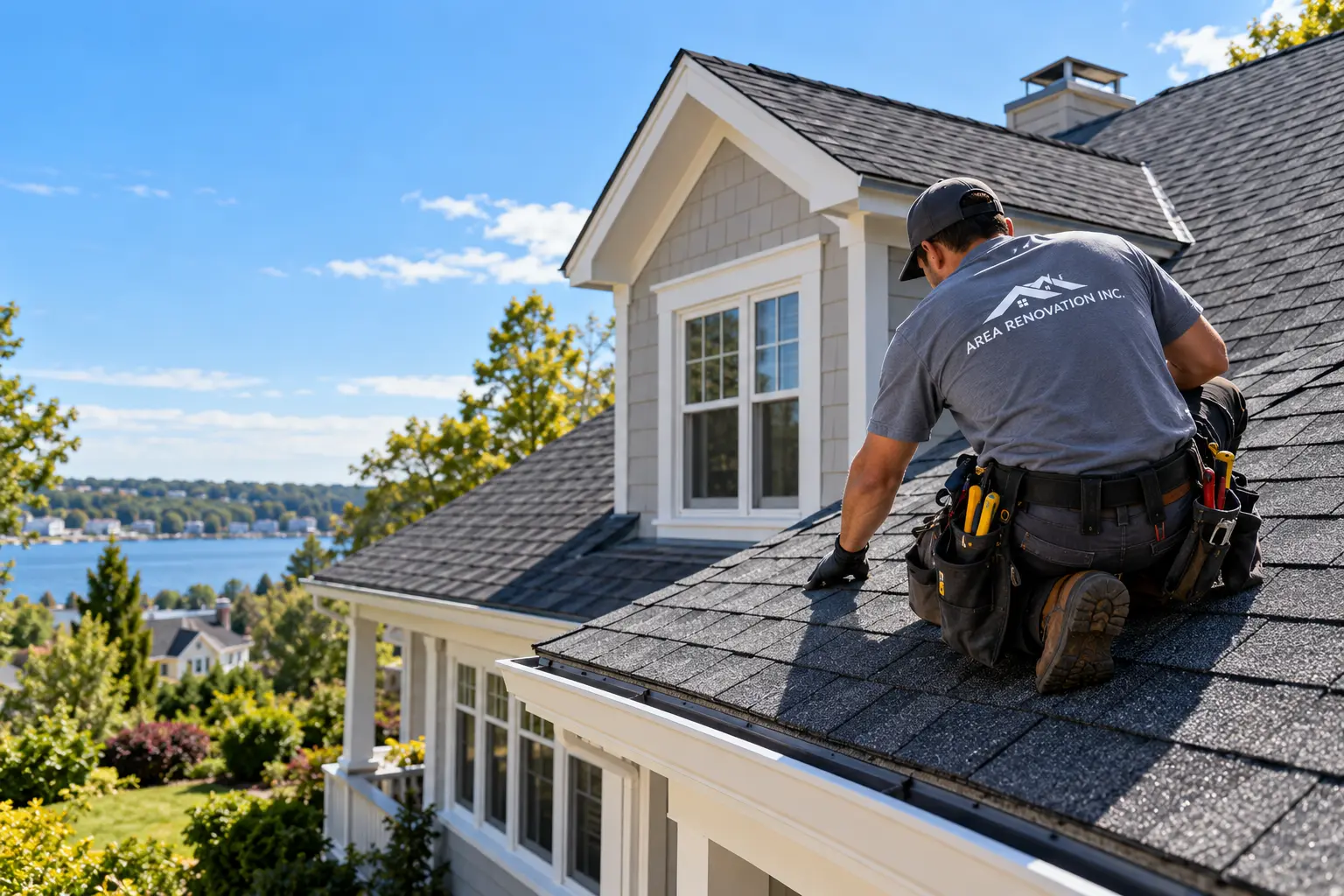 Illustration of a roofing contractor inspecting asphalt shingles on a residential roof in Connecticut