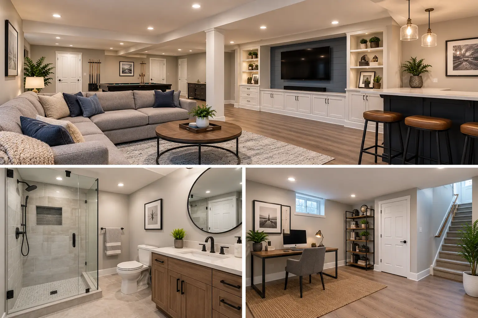 Finished basement remodeling in Connecticut with living area, bathroom and home office