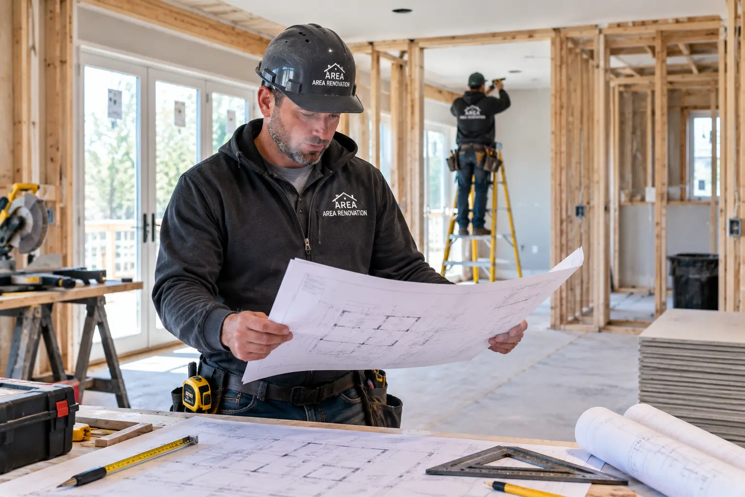 area renovation contractor on a renovation site reviewing plans/documentation